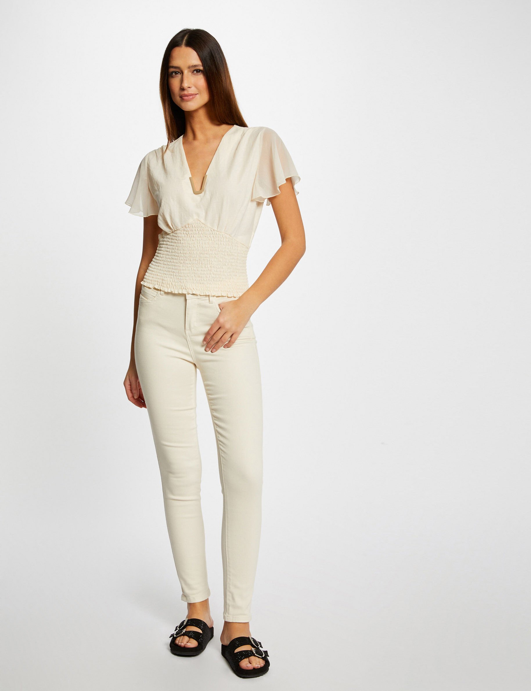 T-shirt manches courtes smocké ecru moyen femme - ecru_moyen