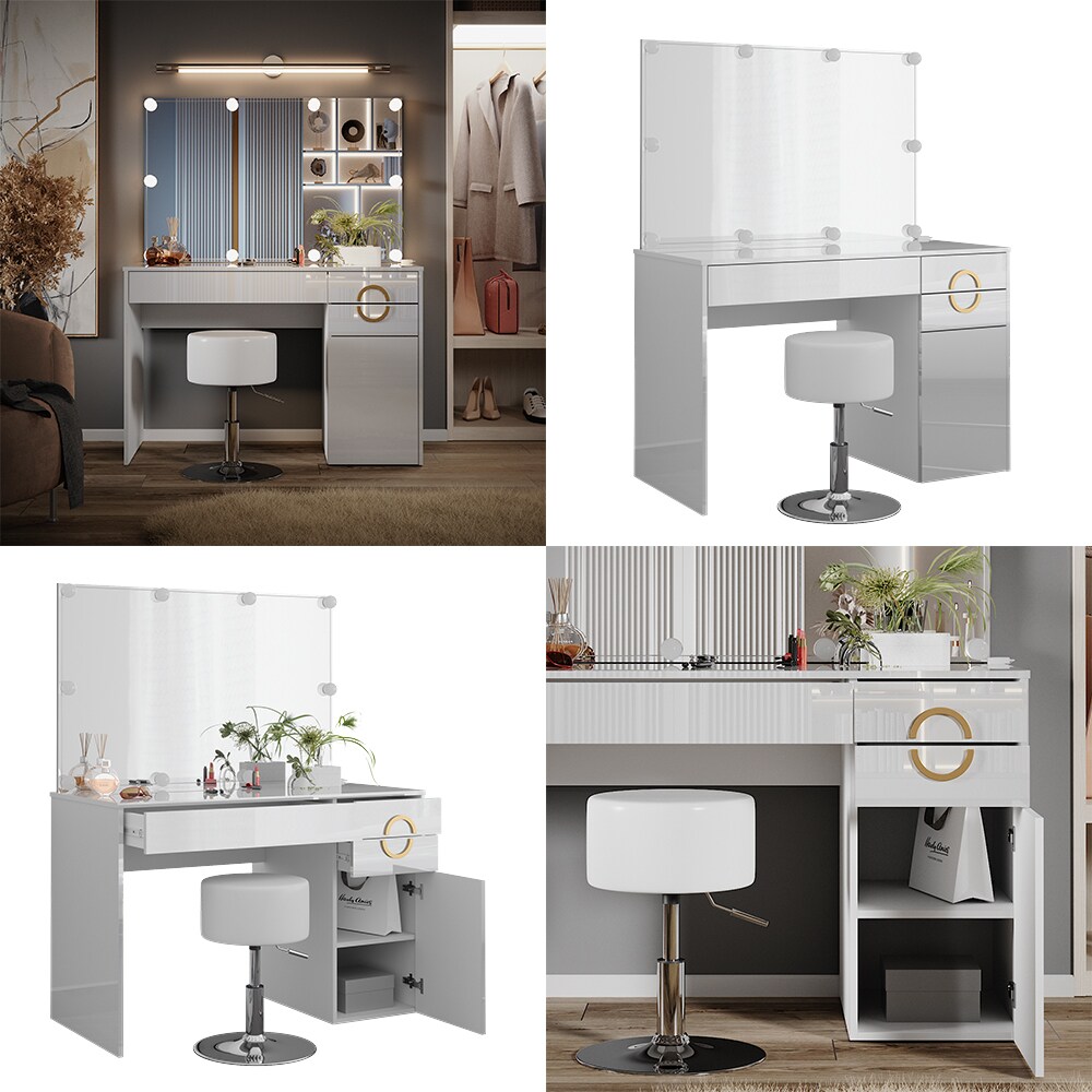 Vicco Schminktisch Adela Weiß Hochglanz, 115 x 76,4 cm mit Spiegel, LED, Hocker