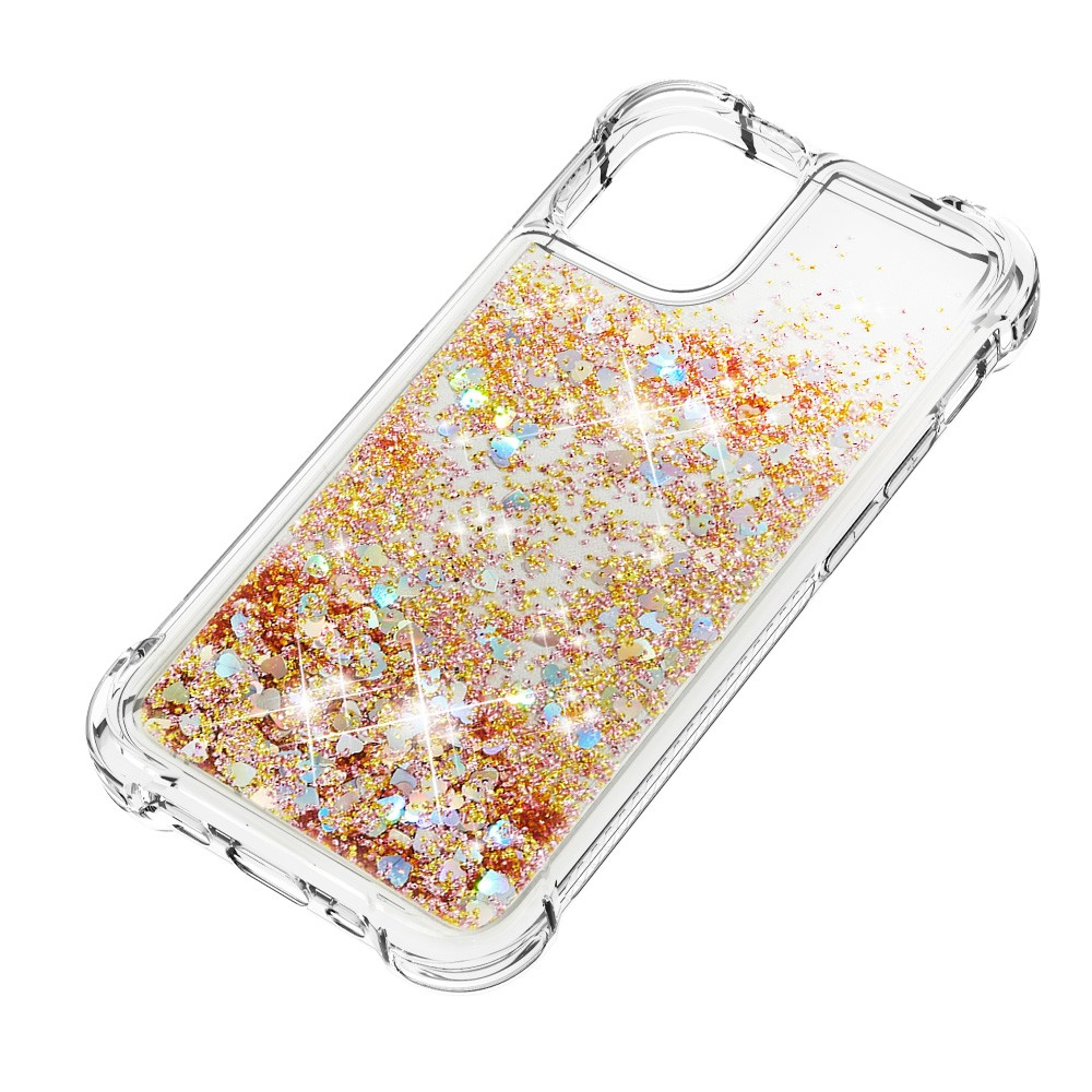 iPhone 13 Hardcase Hülle mit Air Cushion Fallschutz Liquid Case Glitzer Herzen - Gold / Transparent