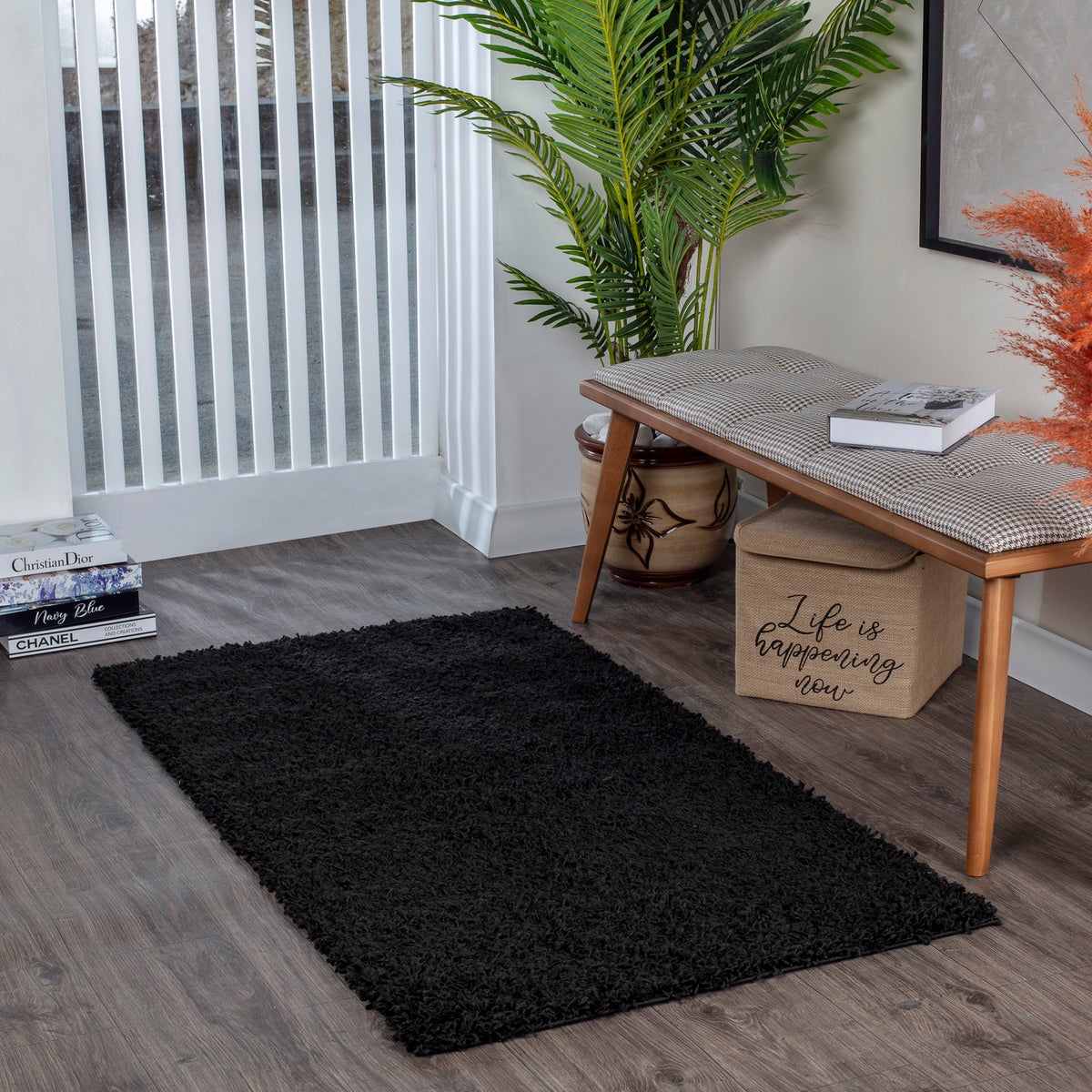 Modern hoogpolig shaggy vloerkleed, zwart, 80x150 cm, LILLY