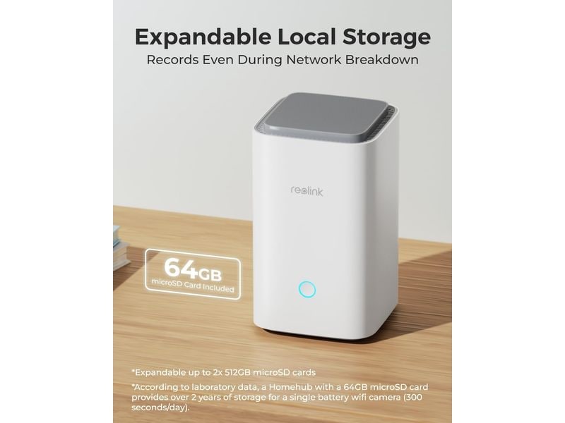 Reolink Zubehör Hub 1 für Multi-Geräte Verwaltung & 64GB, W Kabelloses Sicherheitssystem mit verschlüsseltem lokalem Speicher & Multi-Geräte Verwaltung inkl. 64GB Micro SD Karte