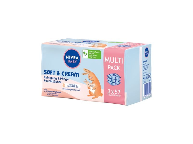 NIVEA BABY Feuchttücher Soft & Cream Trio 3 x 57 Stk. Feuchttücher reinigen sanft und sind besonders pflegend für die zarte Babyhaut