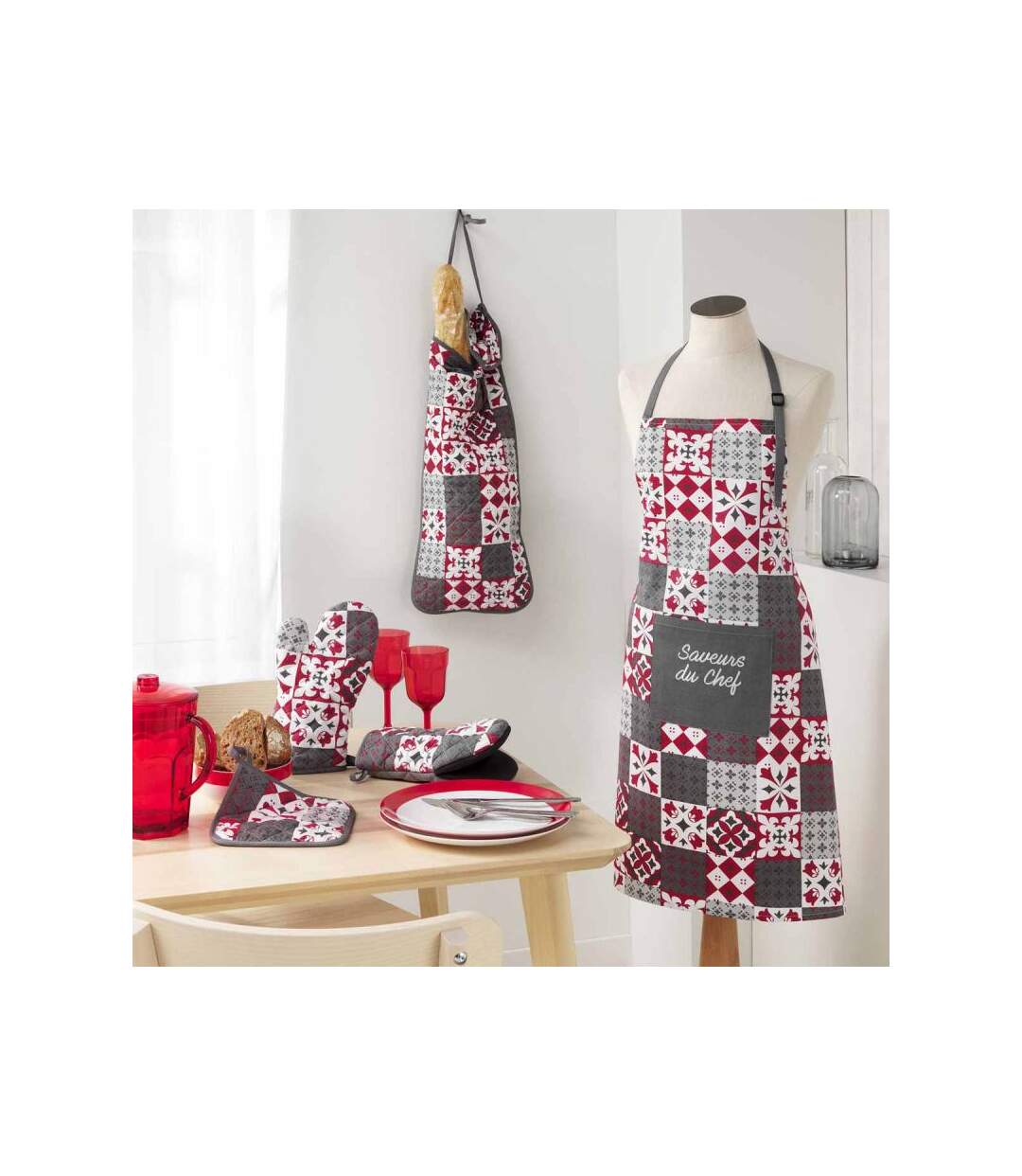 Tablier de Cuisine Credence 84cm Gris & Rouge