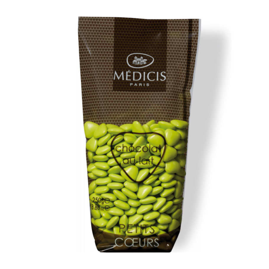 Les dragées petits coeurs vert anis au chocolat au lait