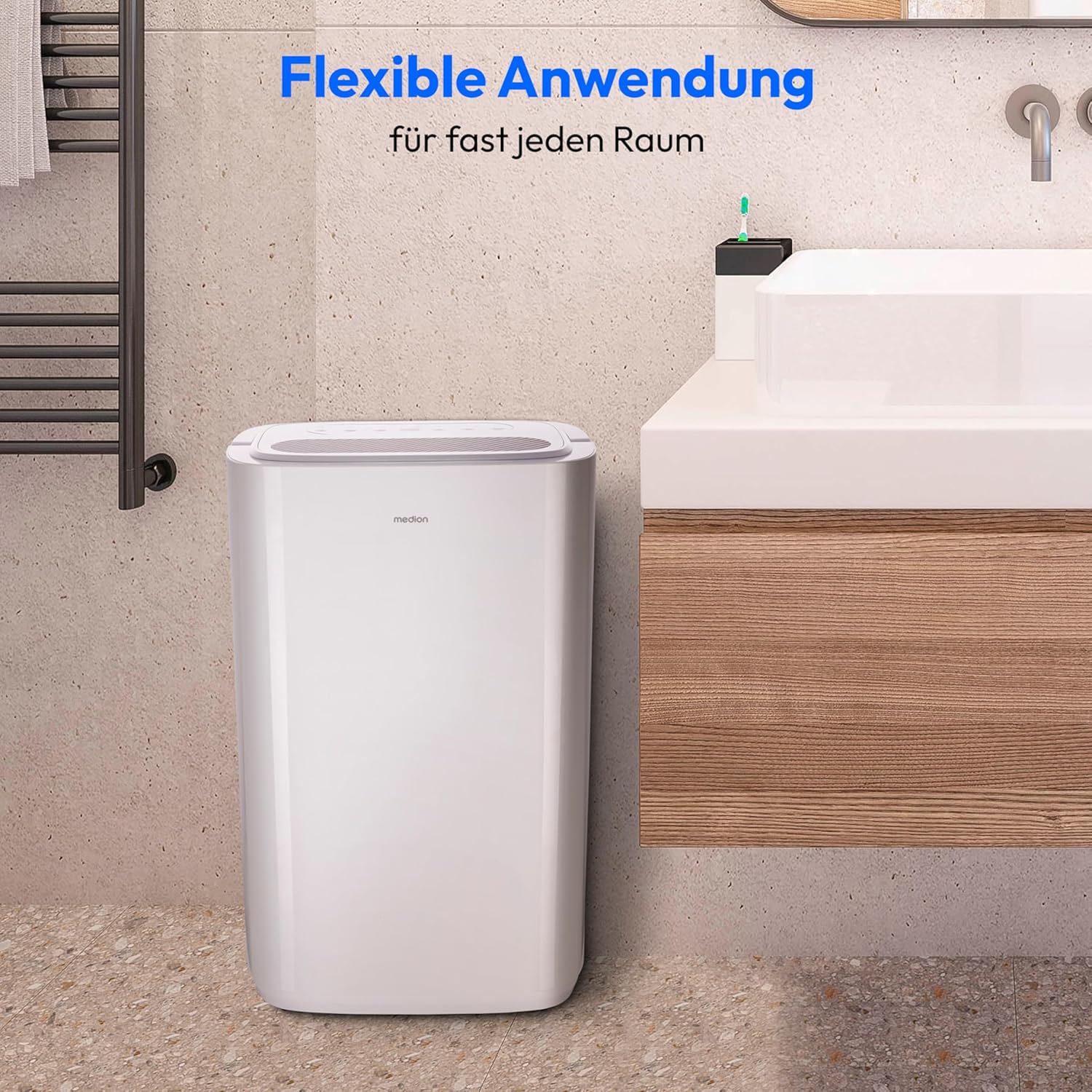 MEDION DH20 Luftentfeuchter elektrisch (bis zu 100m³ (20m²), 20Liter/24h, 43db leise, elektrischer Raumentfeuchter, Normalbetrieb, Wäschemodus, Ventilatorbetrieb, Timer, Bodenrollen, Entfeuchter)