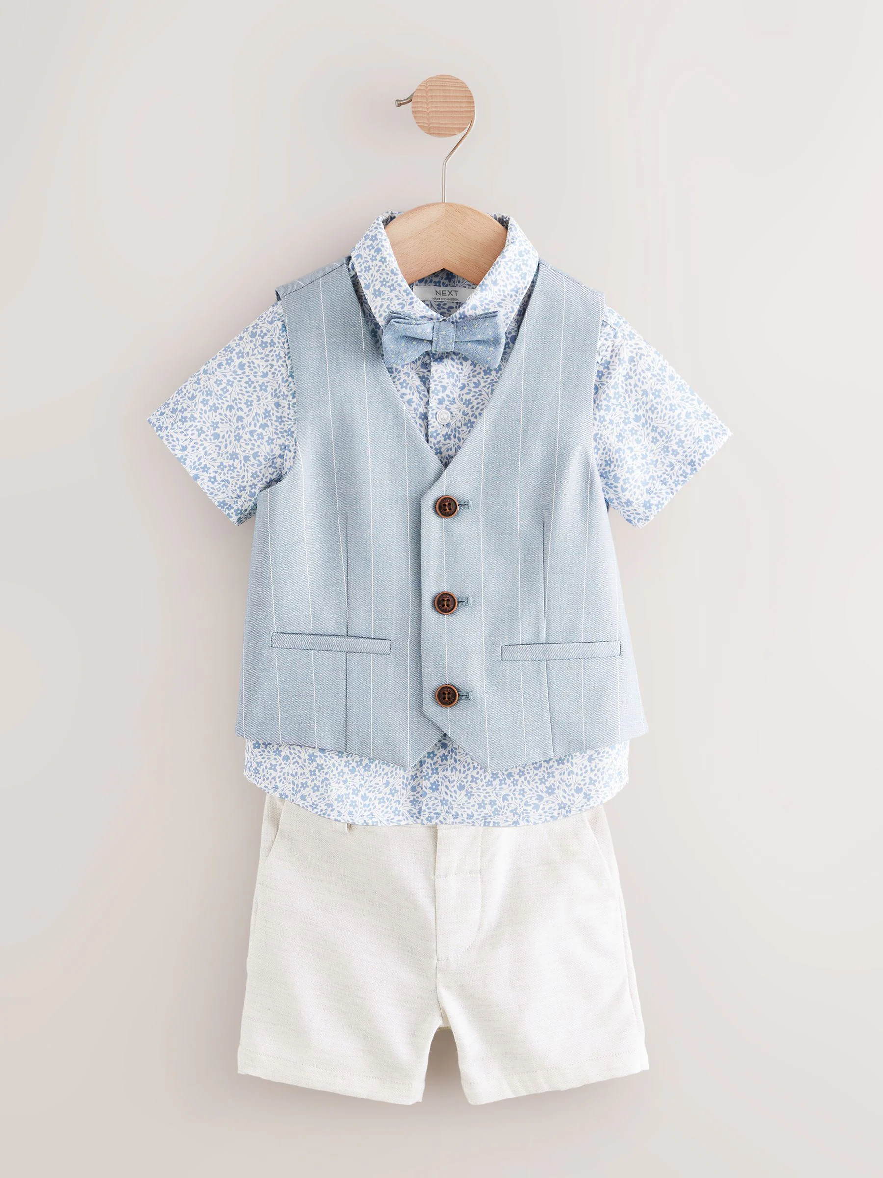 Blauw - Set met gilet, overhemd, shorts en vlinderdas (3mnd -9jr)