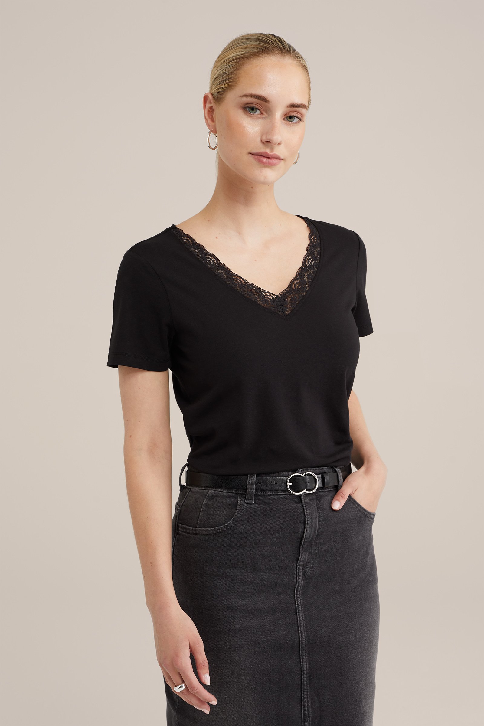 T-shirt met kant WE Fashion Zwart