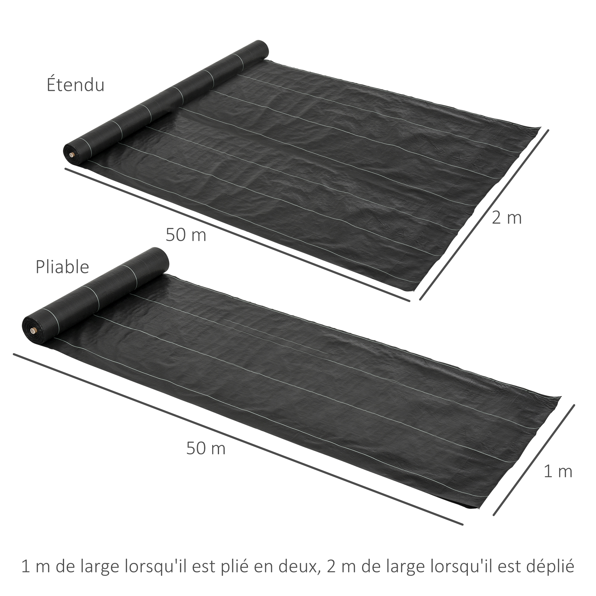 Tecido geotêxtil Outsunny para controle de ervas daninhas, 2x50m, 100g/m², para jardim, terraço e pátio, preto.