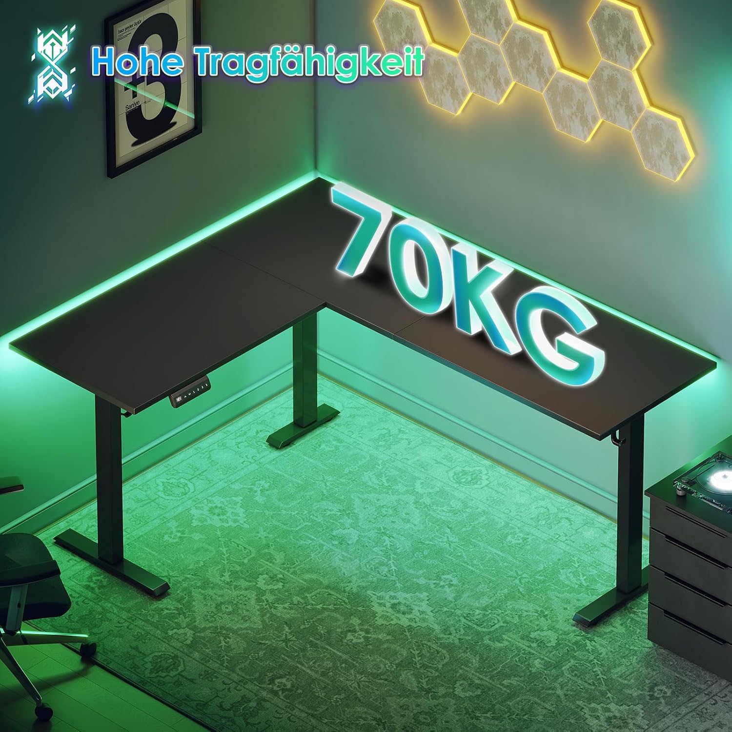 OffiGo L-förmig Höhenverstellbarer Schreibtisch, 180 x 140 cm Schreibtisch Höhenverstellbar Elektrisch, Eckschreibtisch Ergonomischer Steh-Sitz Tisch Computertisch, Schwarz