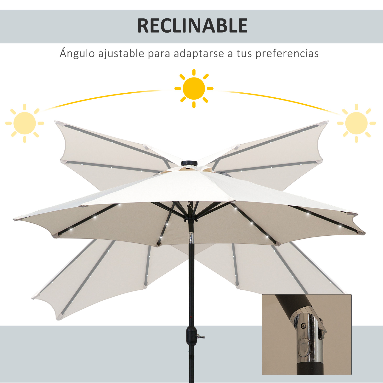 Guarda-sol de jardim Outsunny Ø268x238 cm com 24 luzes solares LED, mecanismo de inclinação, manivela e mastro de metal removível para piscina e pátio, cor creme.