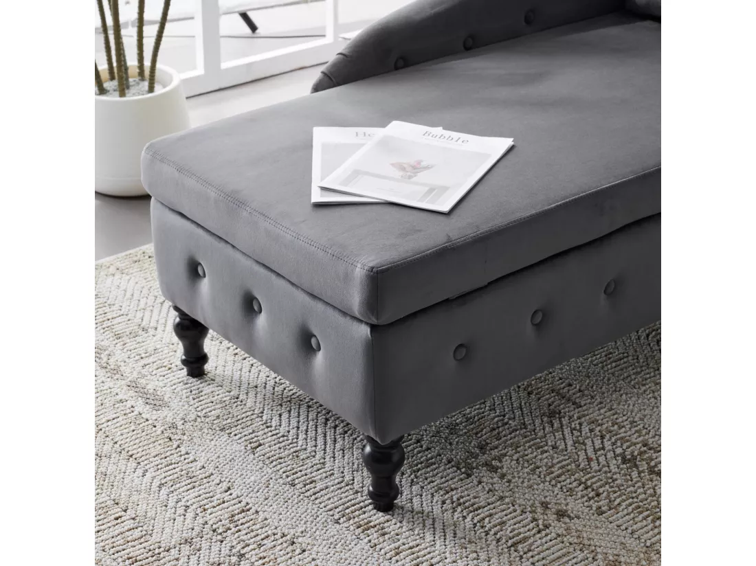Méridienne droite en velours gris, avec oreiller et rangement, pour le salon chambre bureau, 144x62x69cm