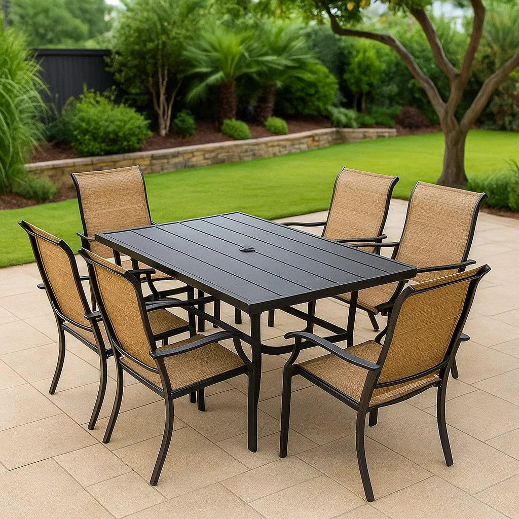Salon de jardin avec table à manger 7 pièces 6 places noir/beige en métal/polyester avec 1 table de repas et 6 chaises