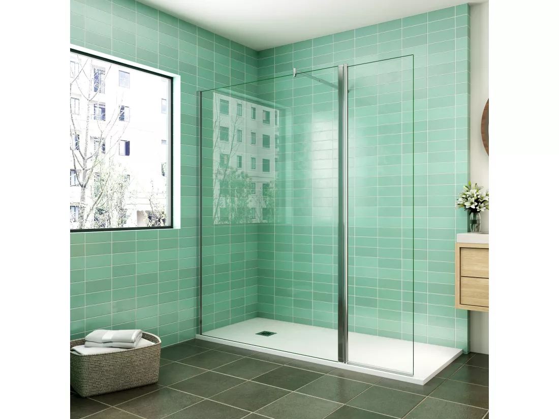 Paroi de douche à l'italienne 130x200cm avec retour pivotant 50x200cm - Verre securit - Avec barre de fixation 70-120cm en cylindrique
