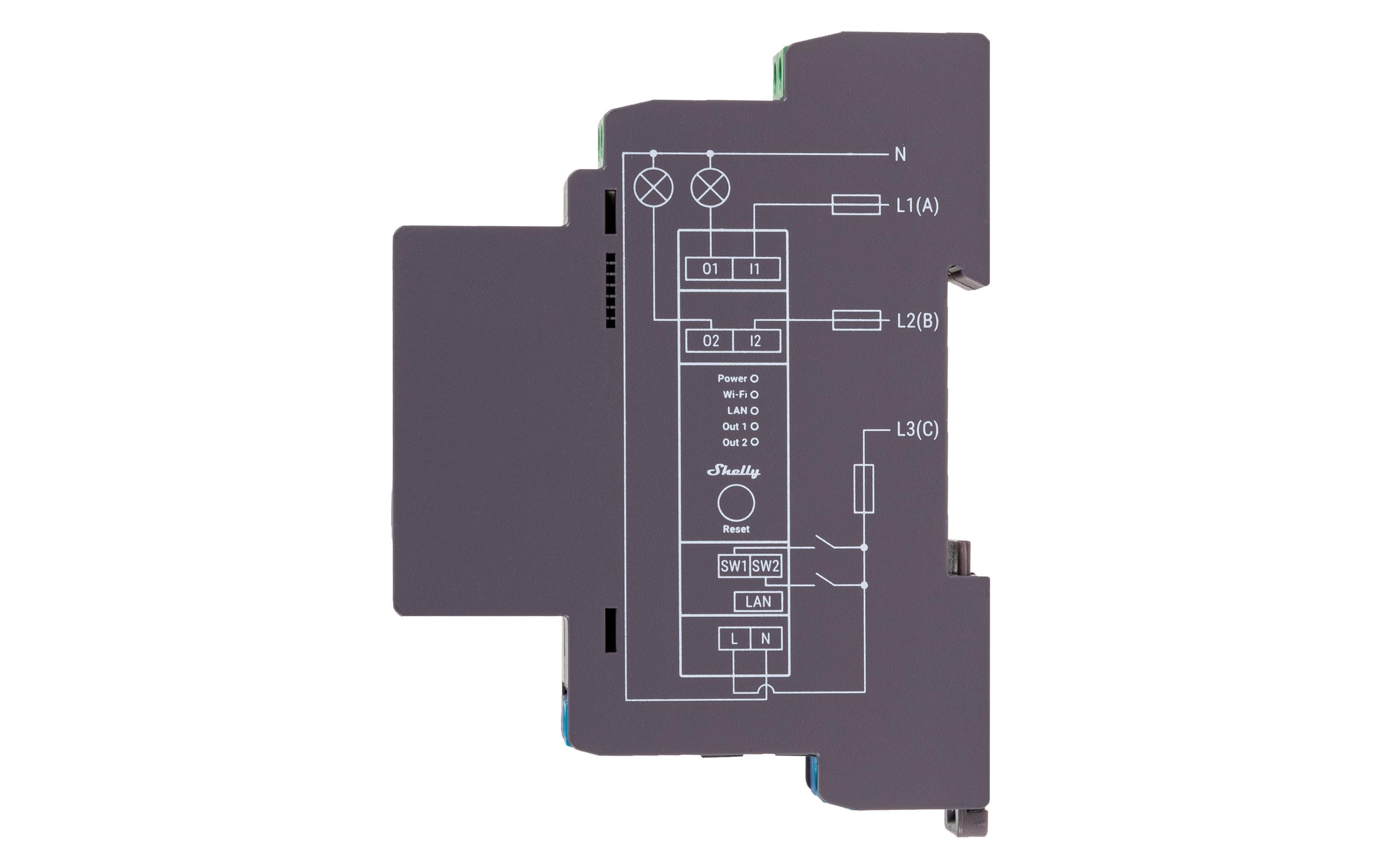 WLAN-Schaltaktor Shelly Pro 2DIN-Rail-WiFi-Switch, IP-Relais mit Shelly Pro AddOn Schnittstelle
