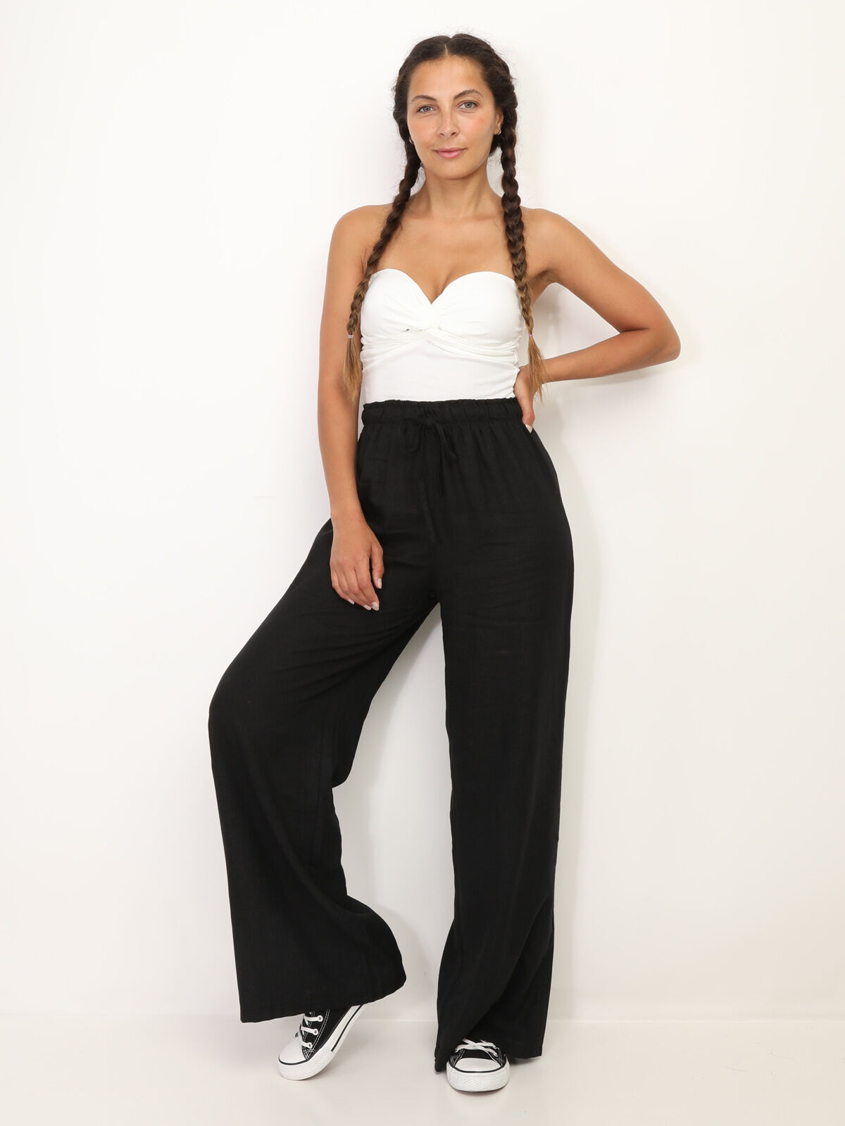 Pantalon en lin large à liens- Noir