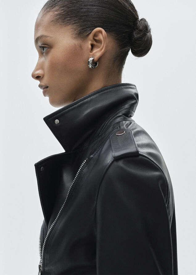 MANGO Leather biker jacket Black