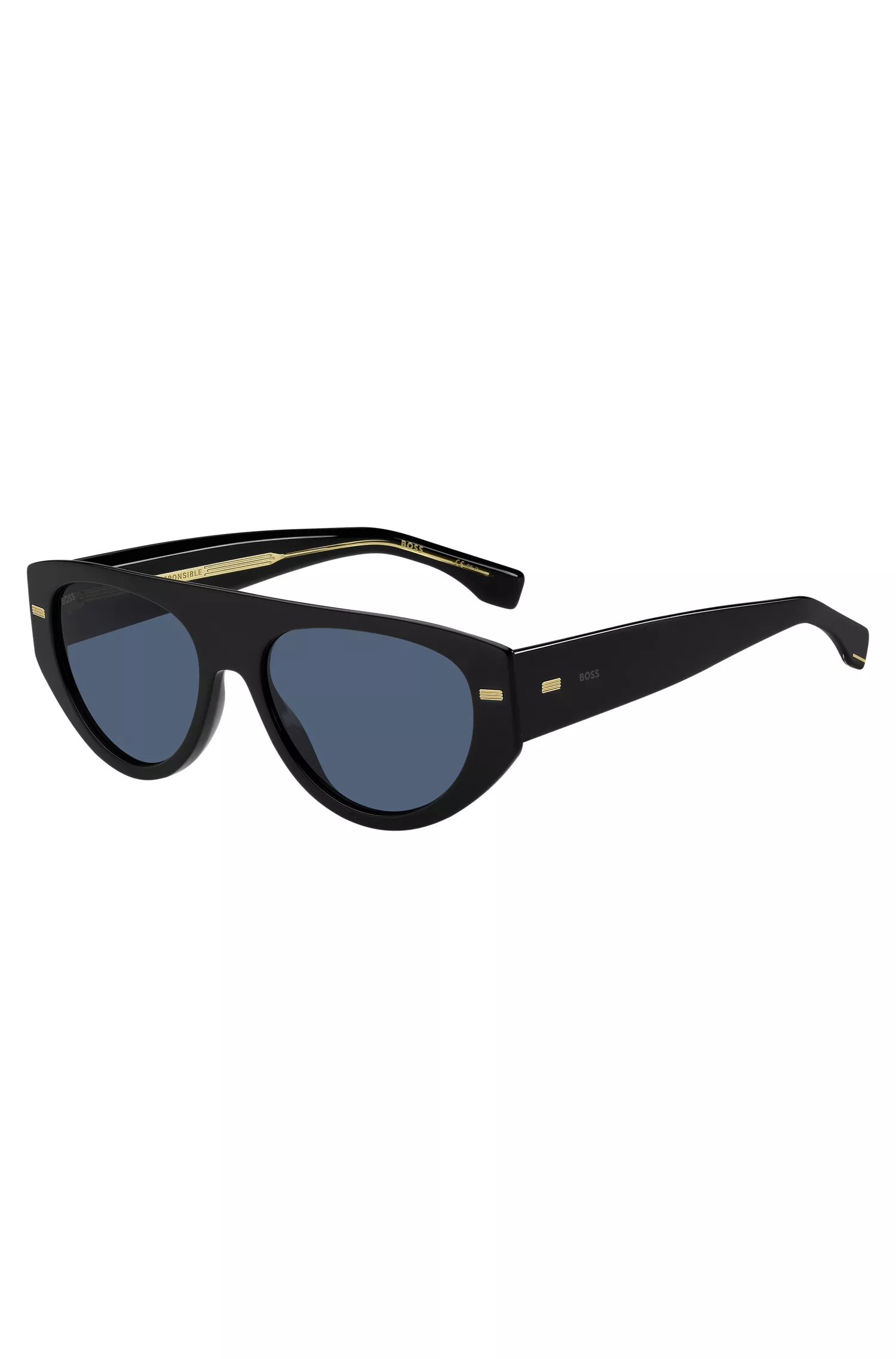 Óculos de sol BOSS pretos em bioacetato com rebites estampados.