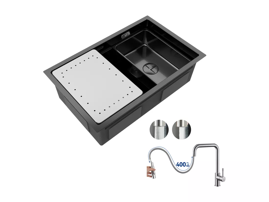 Évier Cuisine 1 Bac 70×44×21CM Évier Inox Noir avec Egouttoir et Vasque + Mitigeur avec Douchette Extractible, Brossé