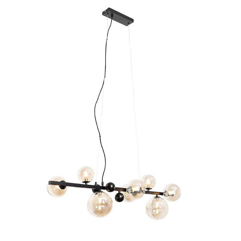 Art deco hanglamp zwart met amber glas 8-lichts - David