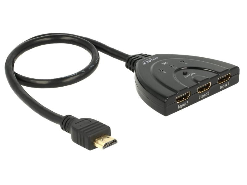 Delock Verteiler 3 Port HDMI Switch 4K/60Hz Delock HDMI UHD Switch 3 x HDMI in > 1 x HDMI out 4K mit integriertem Kabel 50 cm