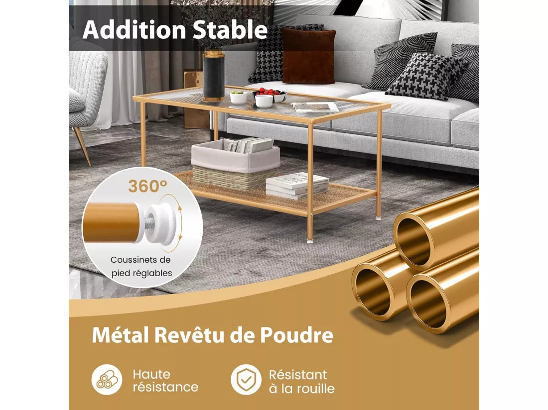 Table Basse Rectangulaire, Table Basse Verre avec Étagère en Maille, Cadre en Métal Doré, Design Moderne, Table Salon, Assemblage Facile, 90 x 50 x 46 cm