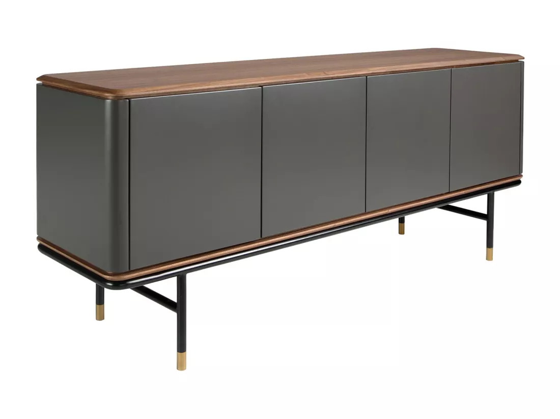 Buffet en bois gris foncé, acier noir et plateau en noyer