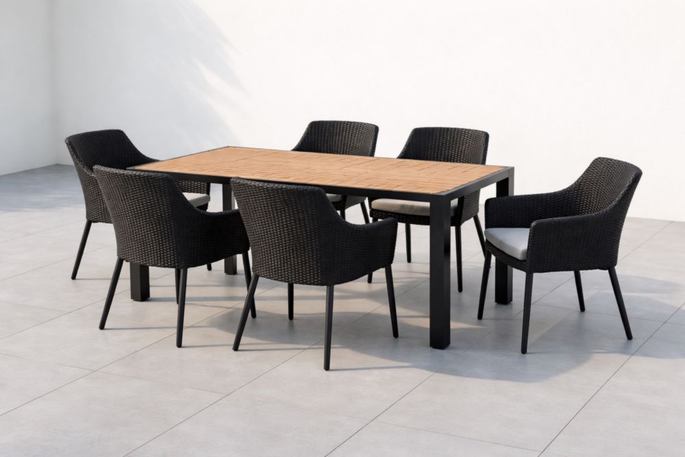 Garten Essgruppe 7-teilig Rattan Aluminium Schwarz