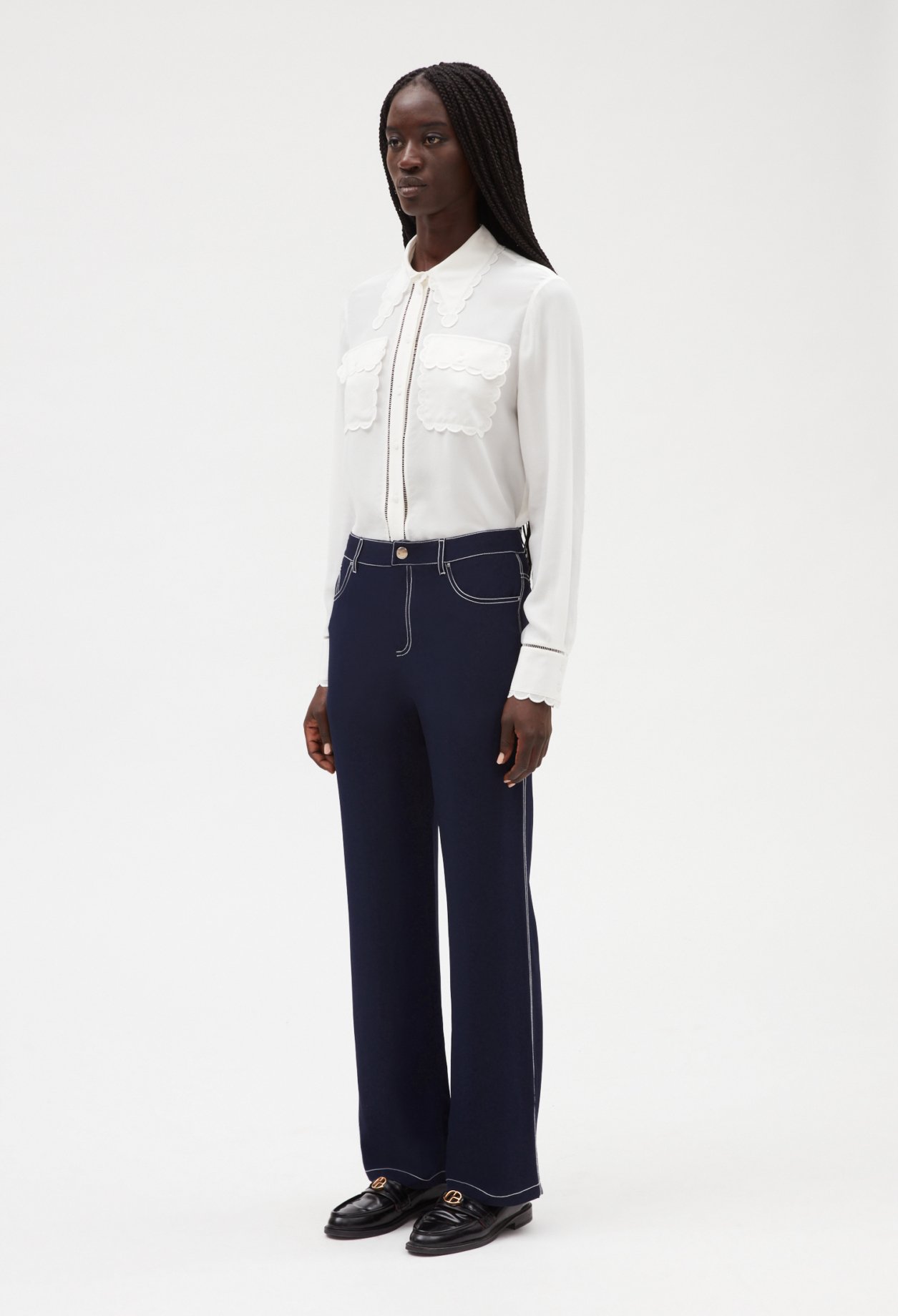 Pantalon droit soie bleue