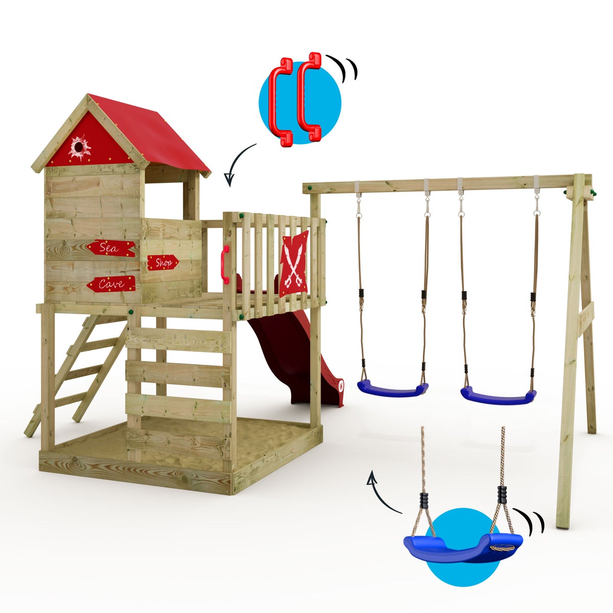 WICKEY Smart Cave speeltoren klimtoestel met schommel en glijbaan, boomhut met zandbak, klimladder en speeltoebehoren - rood