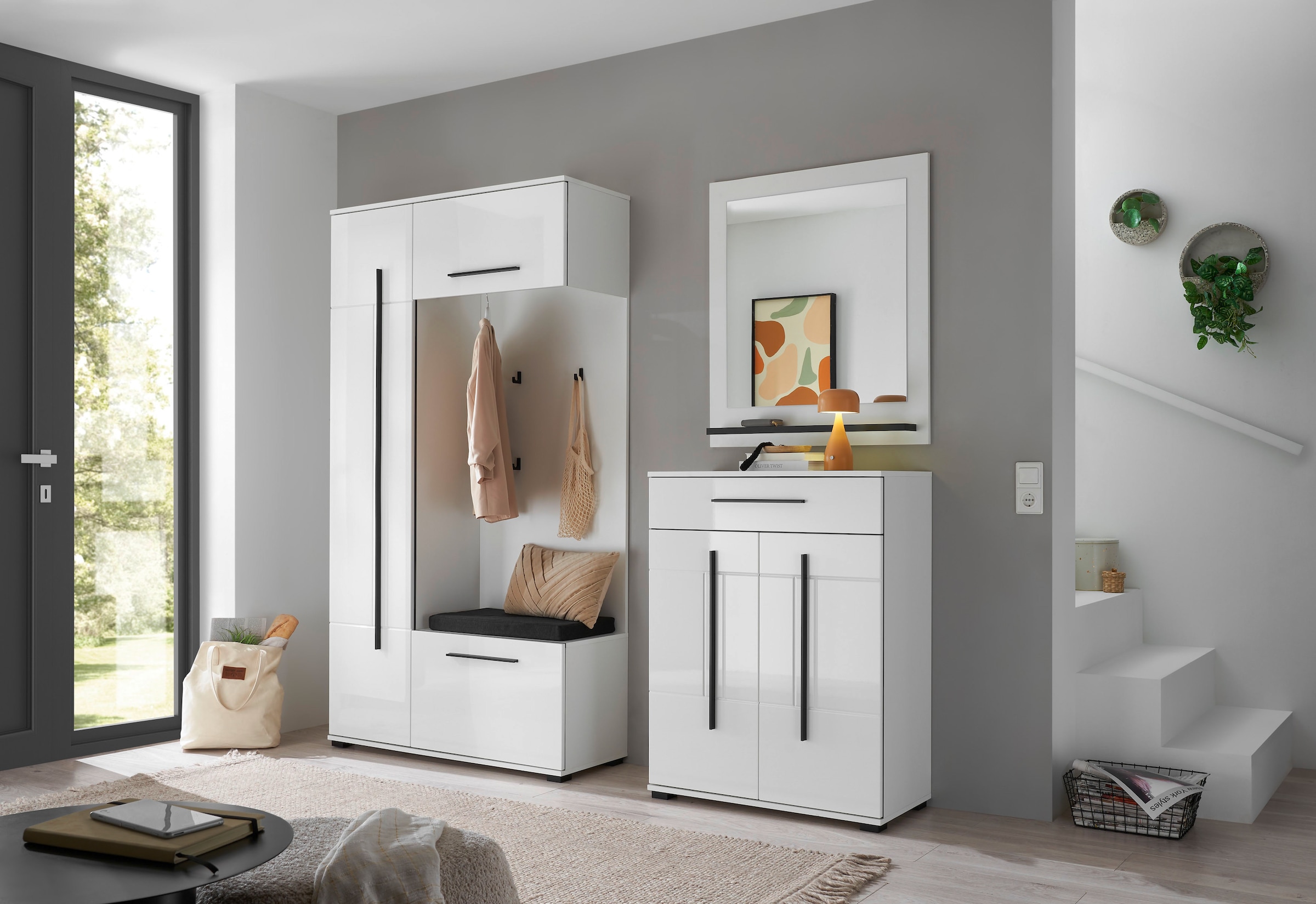 Home affaire Kompaktgarderobe »Cantara Flurgarderobe, modern, 2 Farben, 111 cm breit« 2 Stk. tlg. unterschiedliche Stauraummöglichkeiten, inkl. Sitzkissen