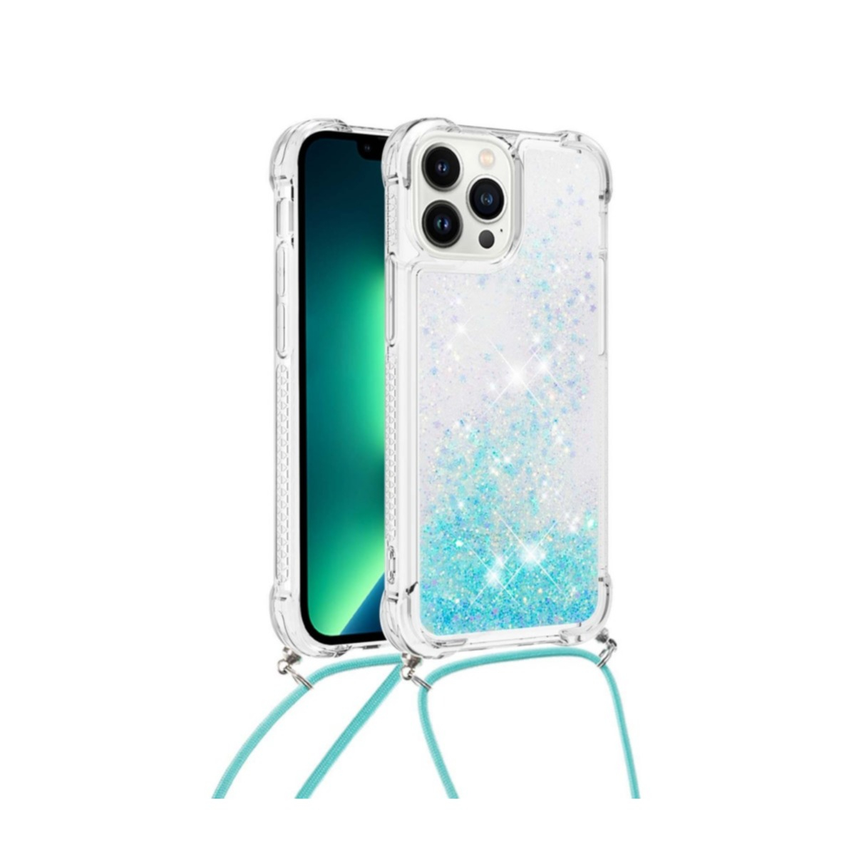 iPhone 14 Pro Max Necklace Gummi Hülle Liquid Glitzer   Handykette (130cm) - Türkis