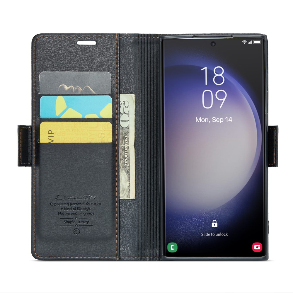 Samsung Galaxy S23 Ultra 5G Leder Tasche Flip Wallet Etui mit Kartenfächern Litchi Look (RFID Schutz) - Schwarz
