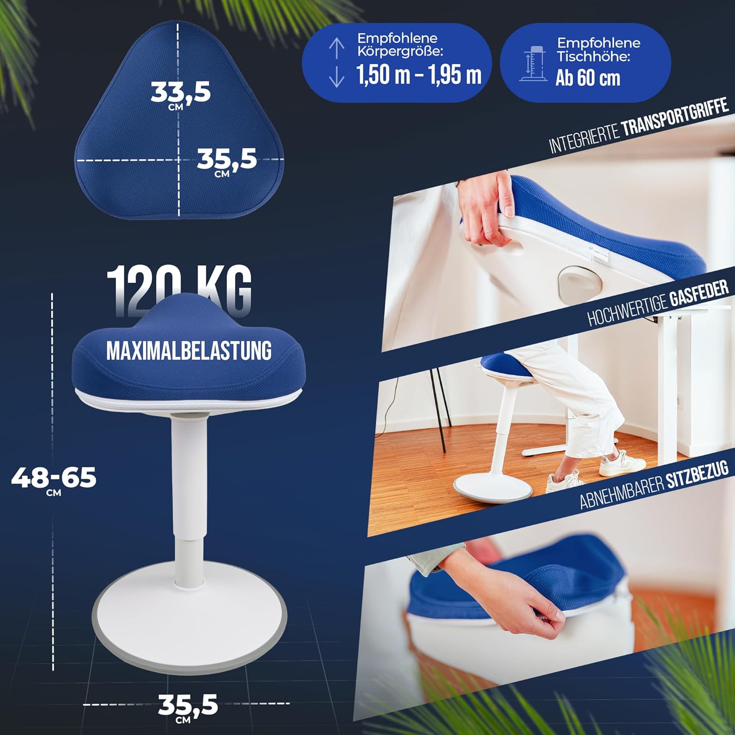 SH-01S Zip Ergonomischer Bürohocker mit abnehmbarem Zip-Bezug | Aktives Sitzen & Stabiler Schwingeffekt | Höhenverstellbar 47–65 cm (Marineblau)