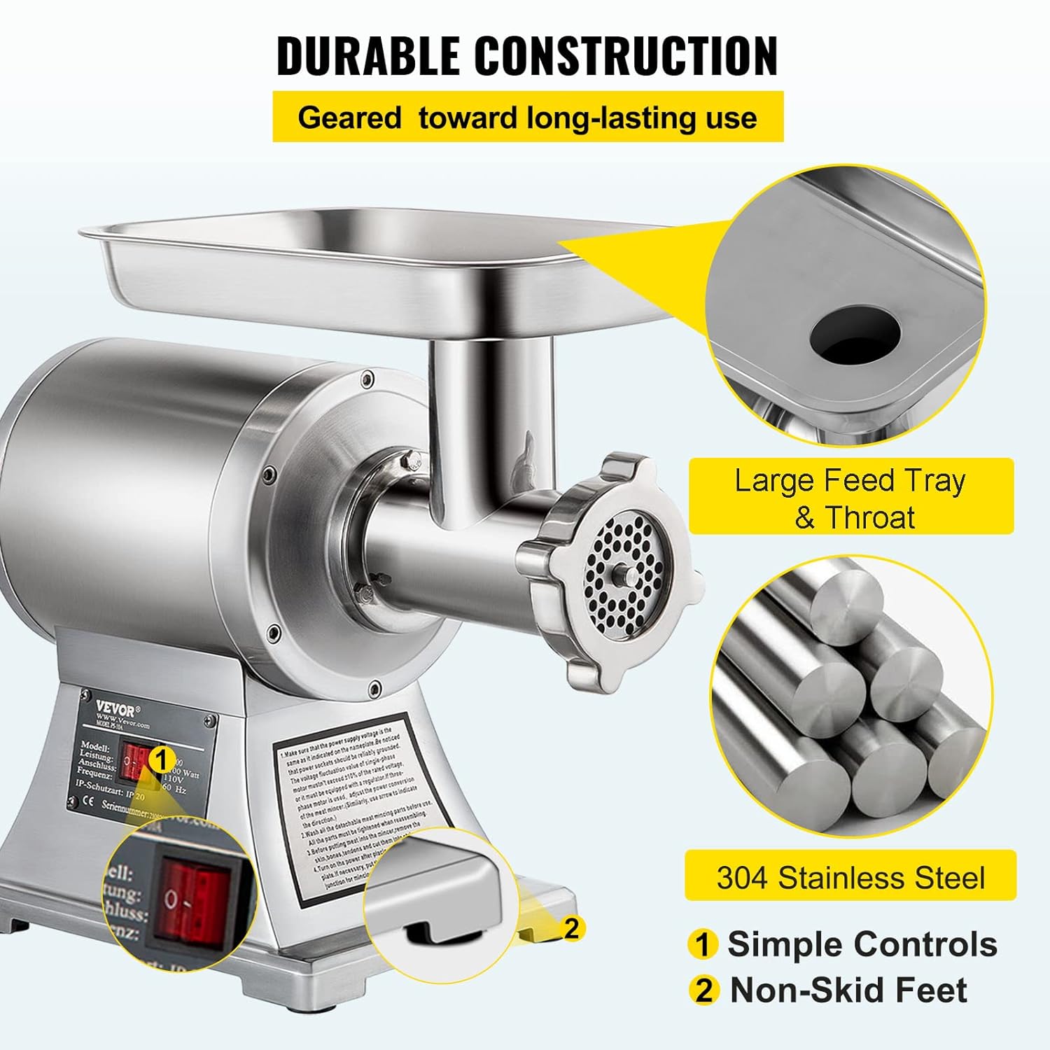 VEVOR Elektrischer Fleischwolf 850 W, Hackfleisch Maschine 150 kg pro Stunde, Elektrische Wurstmaschine 448 x 210 x 387 mm, Edelstahl Wurstmaschine 193 U/min, für Restaurant, Supermarkt, Metzgerei