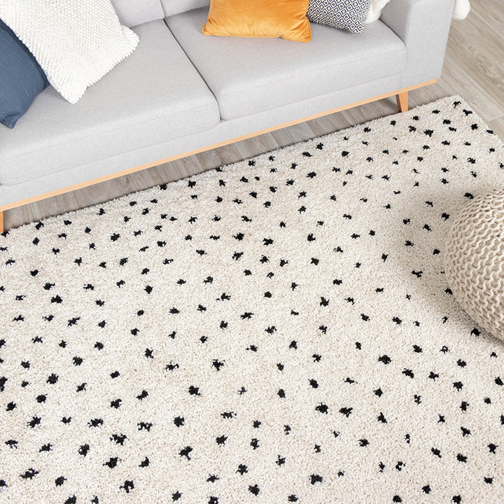 Hoogpolig vloerkleed - Grand Dots Creme/Zwart | Sfeer
