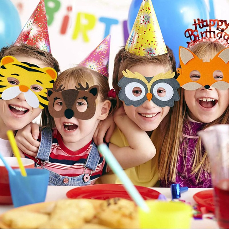 (12er Set) Filz Maske Kinder Fasnachts Halbmaske Kostüm Zubehör Motto Party Accessoire Halloween Foto Requisite - Safari Tiere