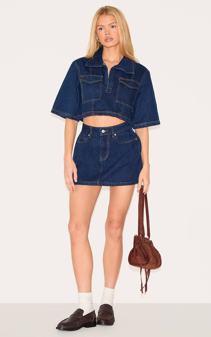 Bleu Indigo Chemise En Denim Raccourcie À Coutures Contrastées