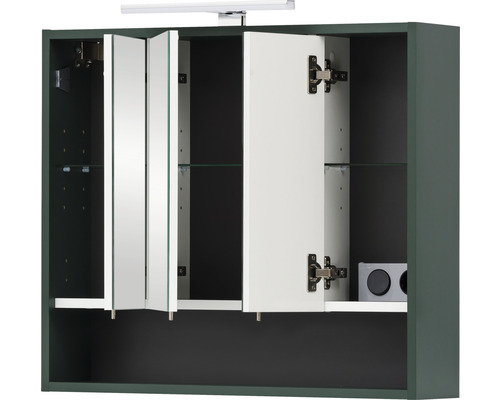 Spiegelkast van Möbelpartner Kent, 70 x 16 x 64,2 cm, bosgroen, 3-deurs, LED
