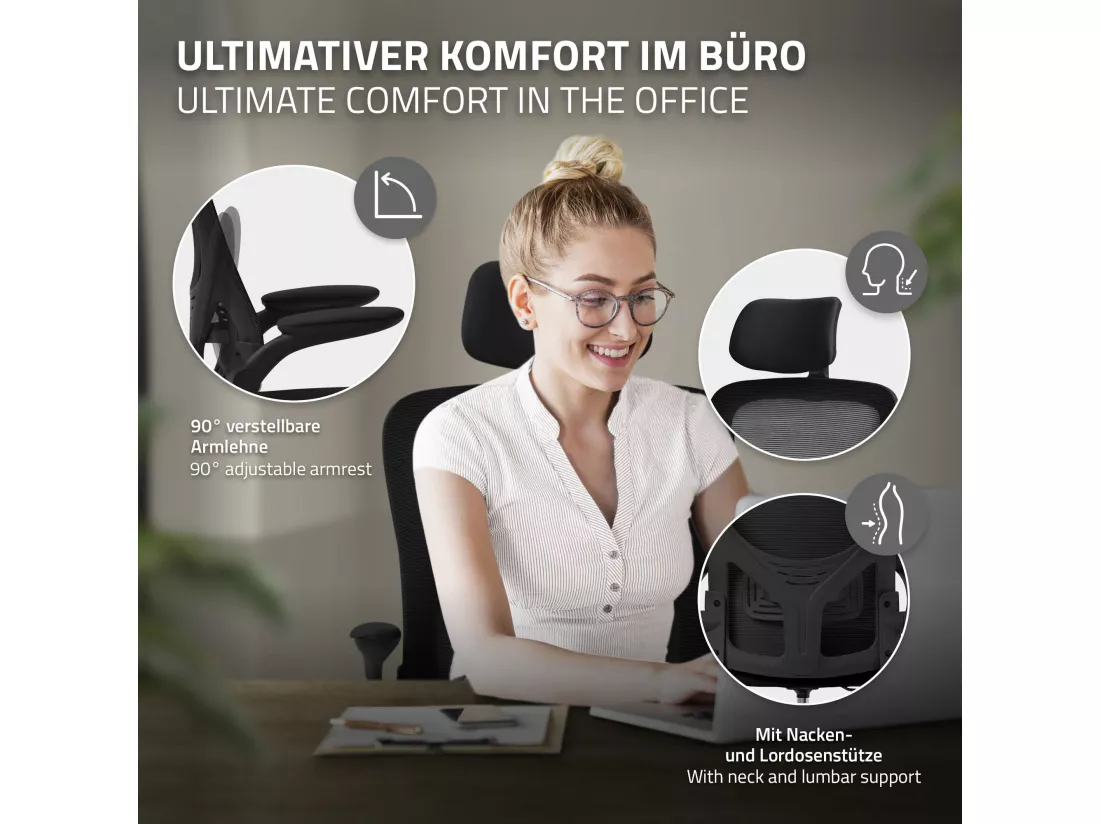 Chaise de bureau gaming ergonomique noir pivotant en maille appui-tête réglable