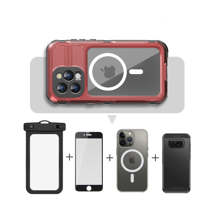iPhone 15 Pro Wasserfeste MagSafe Alu Outdoor Schutz Hülle (IP68) - Rot / Transparent