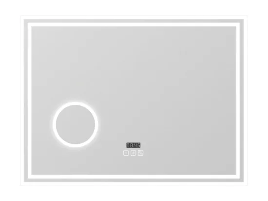 AICA Miroir de salle de bain LED 100x60cm Tricolor anti-buée avec bluetooth simple, horloge et miroir grossissant 3x