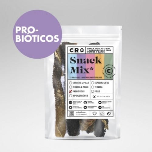 Mix de snacks CRU com probióticos, sabor carne bovina e cordeiro.