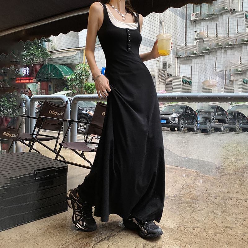 Litoya - Henley Two Tone Mock Two-Piece Maxi Tank Dress