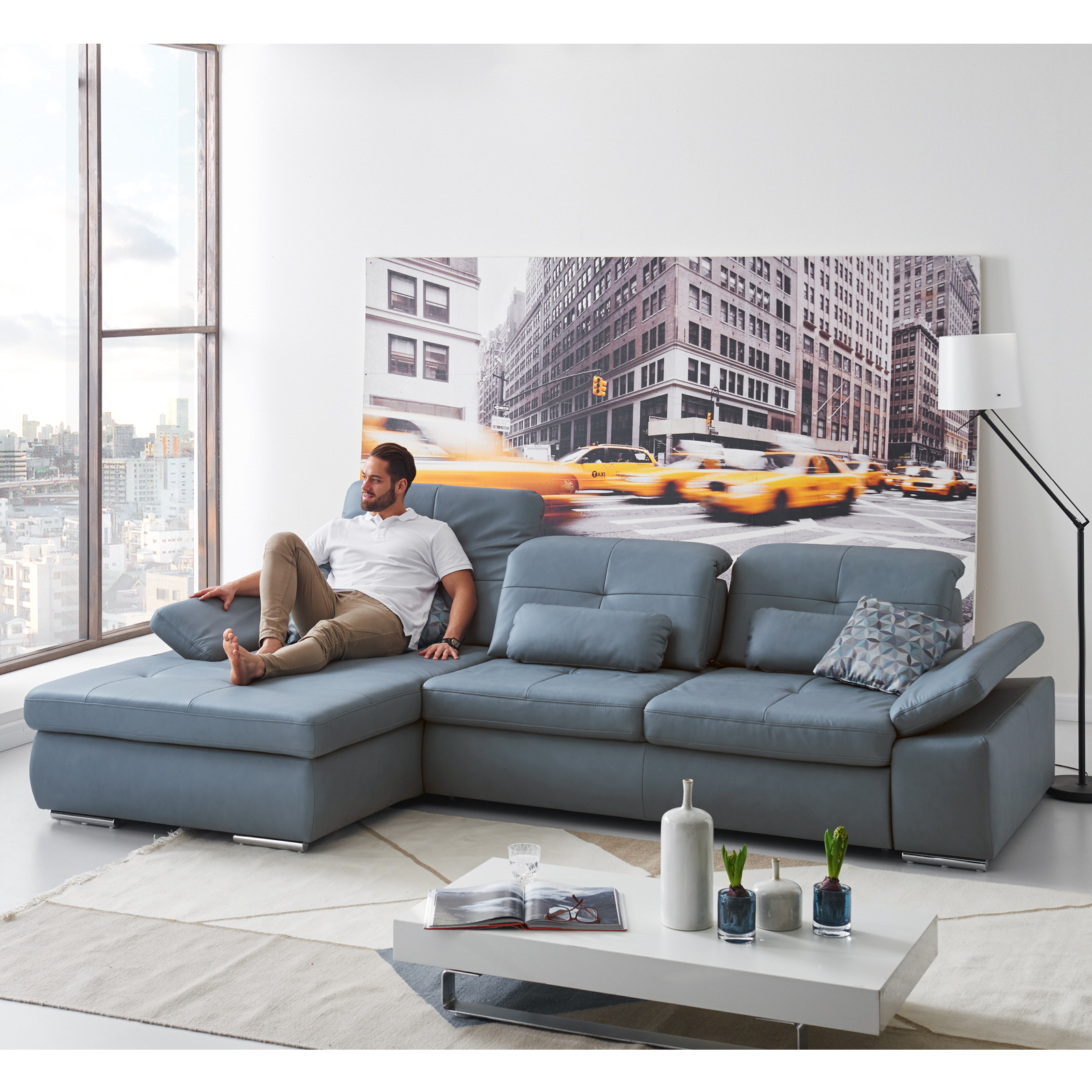 polsterpower Ledersofa - blau - Basismodell - Ottomane links