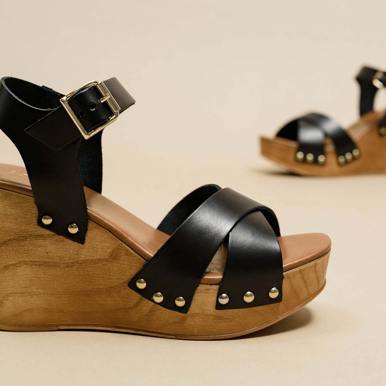 Jonak Sandales compensées en Cuir Etna noires - Talon 9 cm