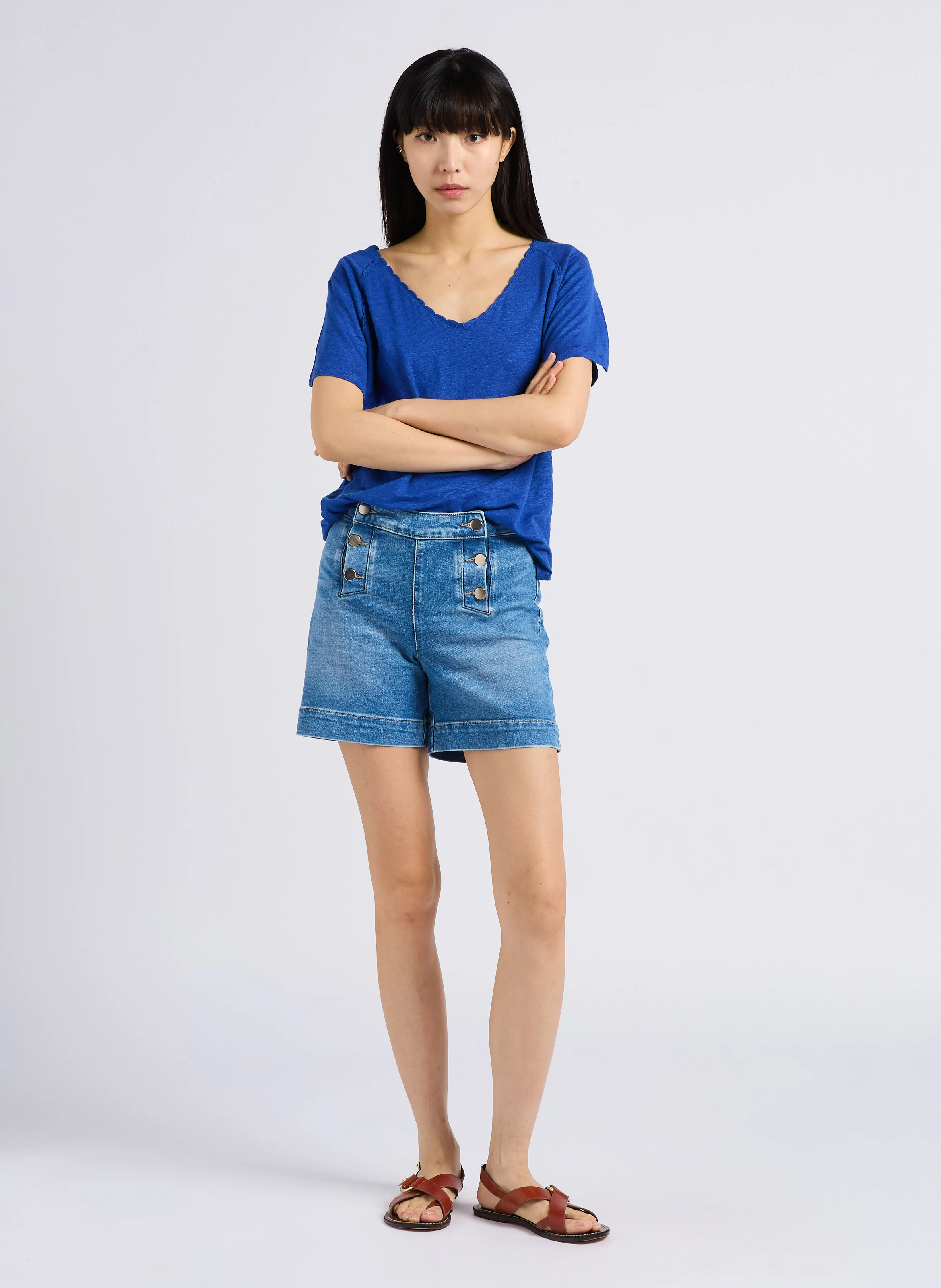 MICKY - Short droit taille haute en coton | Bleu