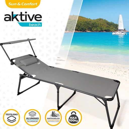 Espreguiçadeira dobrável Aktive com guarda-sol e almofada.