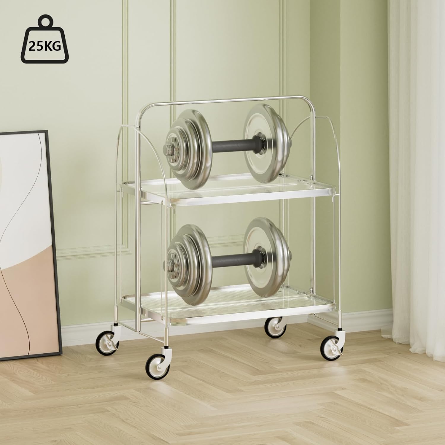Servierwagen mit Rollen, Servierwagen Klappbar, Dinett 2 Tier Ablagekorb aus Temperglas with Wheels, für Küche, Barwagen, Rollwagen Metall, Teewagen, Weinwagen, moderner Getränkewagen