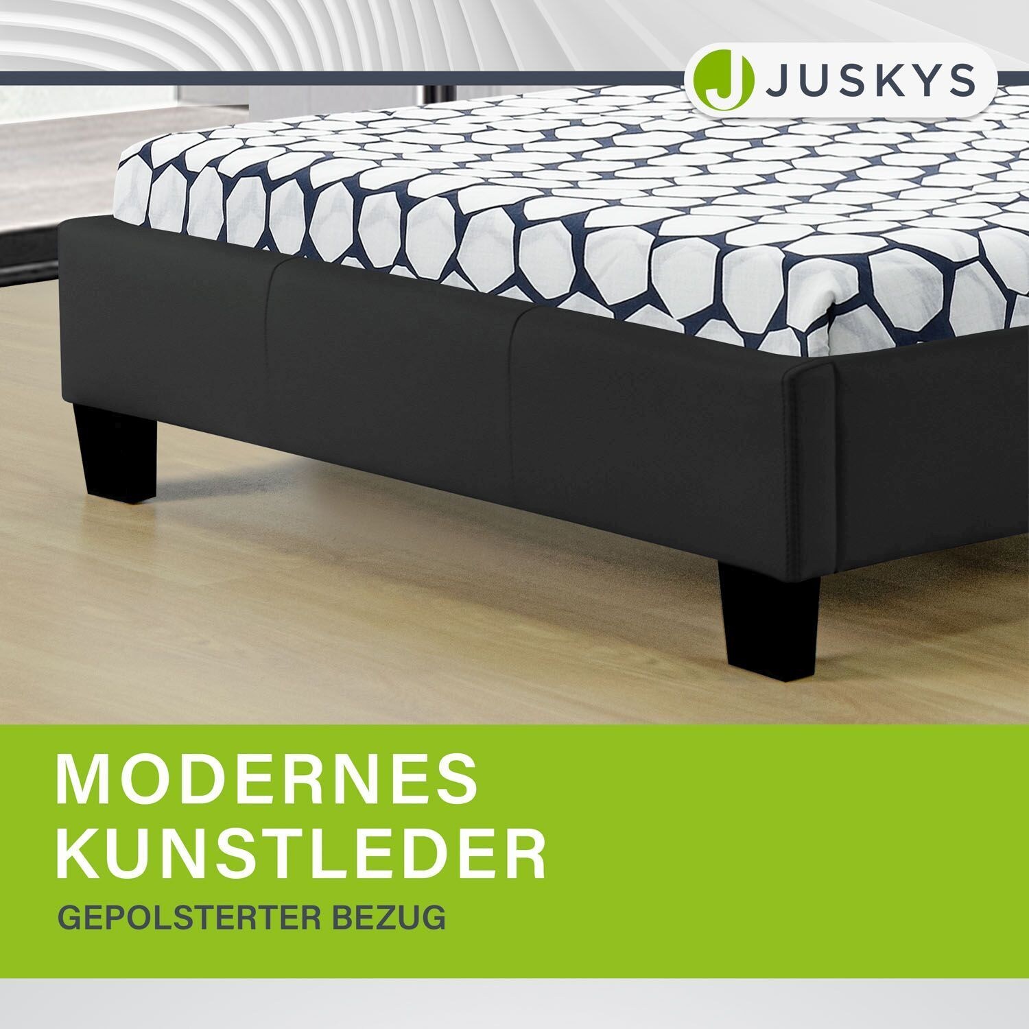 Juskys Polsterbett Verona 90x200 cm schwarz mit Matratze – Einzelbett + LED-Beleuchtung & Lattenrost