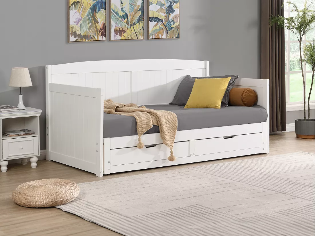 Lit gigogne banquette 90 x 190 ou 180 x 190 cm - Avec sommier peigne et tiroirs - Pin et MDF - Blanc + Matelas - DINIVA